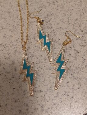 Gold-Tone Turquoise Lightning Pendant Necklace & Earrings Set - Women Jewelry